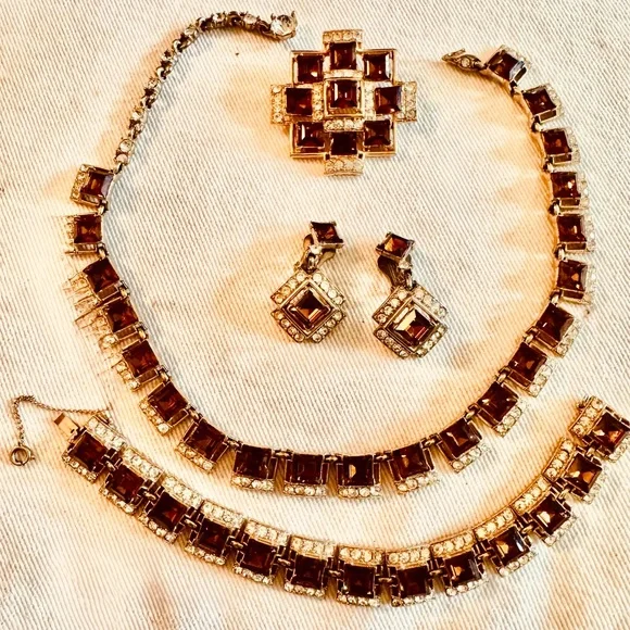 5 piece BOGOFF Elegant Gold and Brown Rhinestones Set, Hollywood Glam , Deco